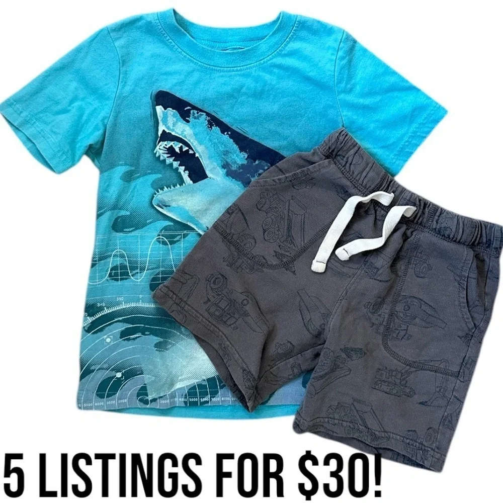 Carter’s 4T Toddler Boy Blue Shark T-Shirt & Gray Construction Sweat Shorts Set